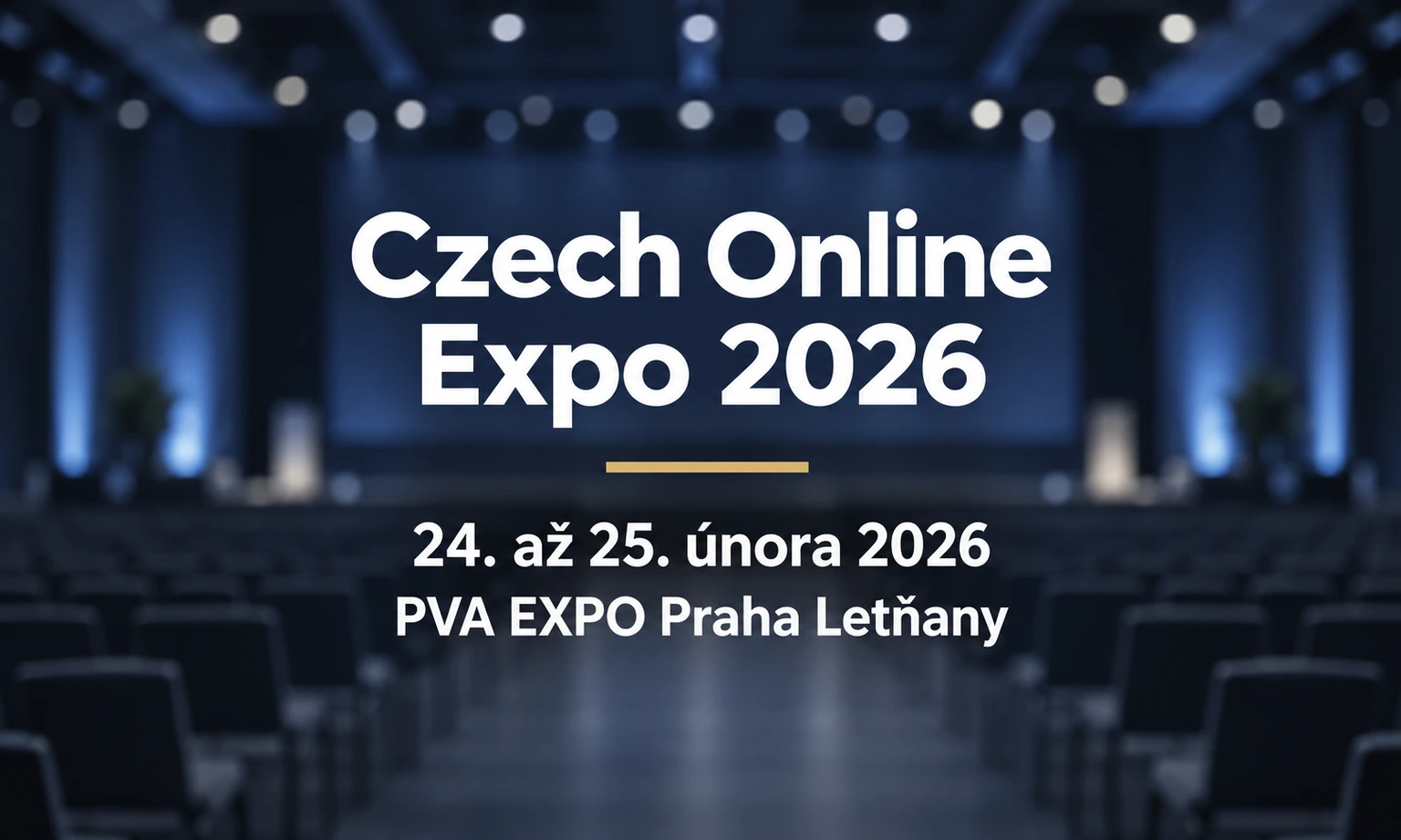 Ilustrační grafický náhled: Czech Online Expo 2026, 24. až 25. února 2026, PVA EXPO Praha Letňany. Rozostřené konferenční pozadí vytvořené pomocí AI.